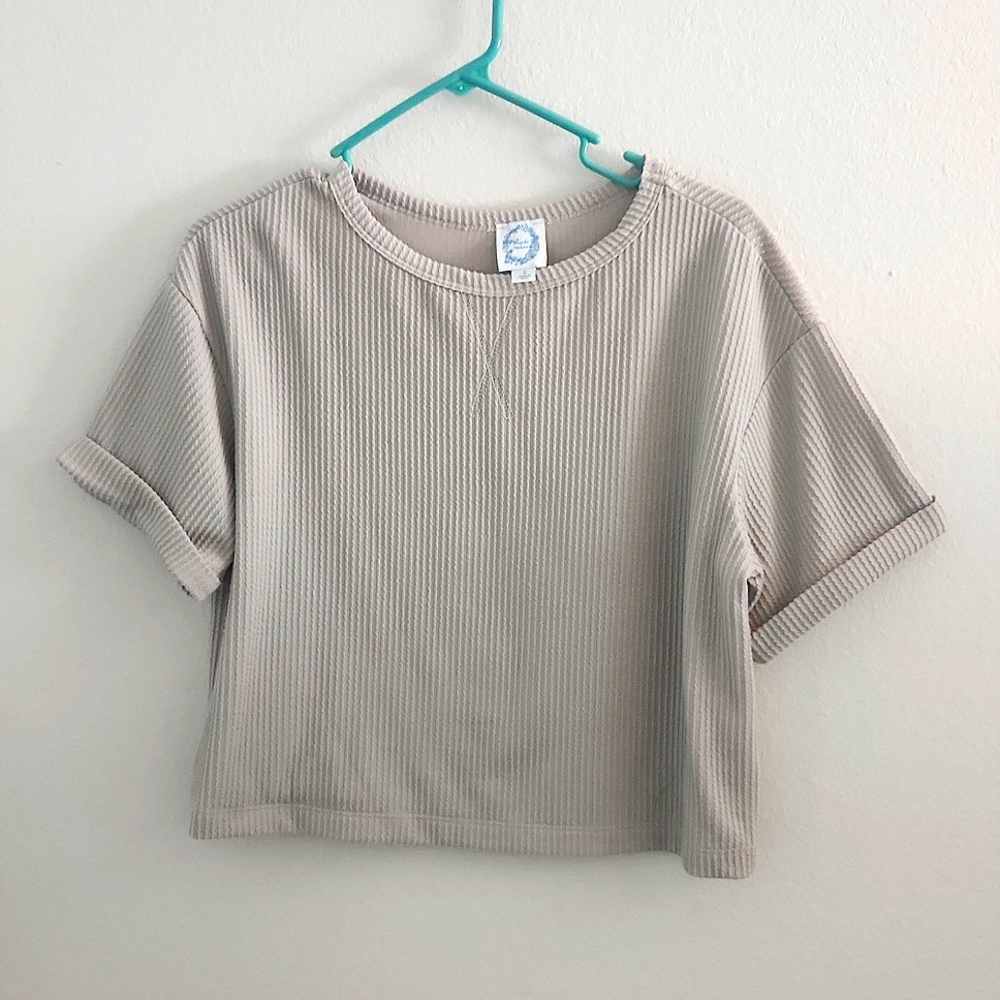 Francesca Blue Rain Cropped Beige Ribbed Tee Size Small